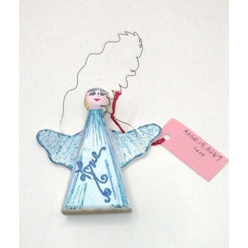 Sunny Side Up Wooden Angel Ornament Blue Love Signed Gloria Rogulin Blake w/ Tag
